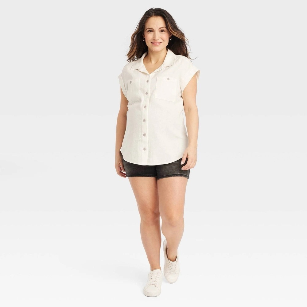 Isabel Maternity - Short Sleeve Linen Button-Up Maternity Shirt- XS - Picture 3 of 10